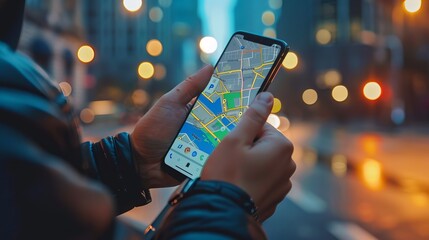 Close-up of a driver's hands gripping a cellphone, with the Google Maps navigation app open, as they search for directions against the backdrop of blurred city street lights at night