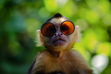 Pensive Baby Monkey with Big Expressive Eyes Wearing Reflective Sunglasses in a Lush Green Forest