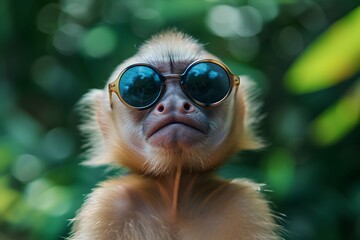 Pensive Baby Monkey with Big Expressive Eyes Wearing Reflective Sunglasses in a Lush Green Forest