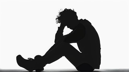 On a white background, the silhouette of a young man sitting alone, looking very sad and depressed