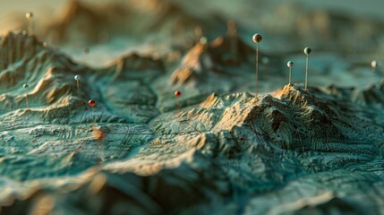 Pins on a geographic map mimic the curvature of mountains, marking locations with a sense of adventure, discovery, and navigation. This concept background embodies the essence of geography, mountainee