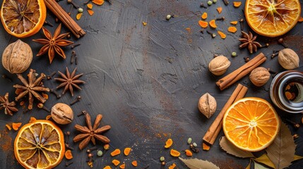 Fototapeta na wymiar Autumn Background With Candied Oranges, Nuts and Spices