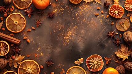 Autumn Background With Candied Oranges, Nuts and Spices