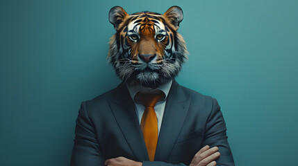 Surreal Portrait of a Man With a Tigers Head in a Business Suit Against a Blue Background. Anthropomorphic concept