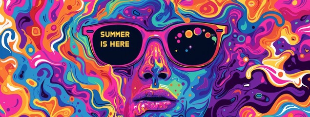 SUMMER IS HERE a cartoon face wearing sunglasses in the style of cosmic abstraction Generative AI