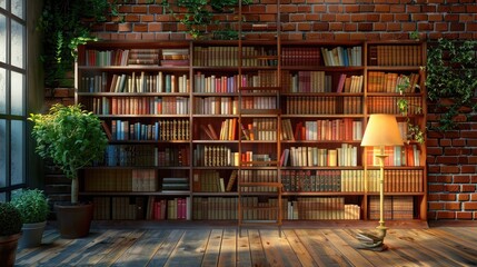 bookshelf on the wall with lamp and books
