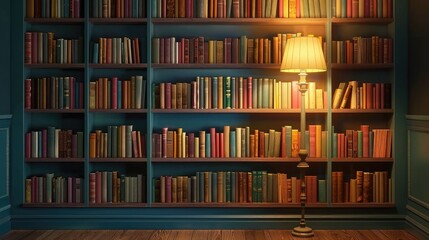 bookshelf on the wall with lamp and books