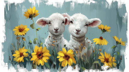 Fototapeta premium Gentle Lamb Frolicking in Meadow: Artistic Drawing Symbol