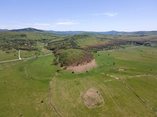 Obraz premium Spring Aerial view of rural land near town of Godech, Bulgaria