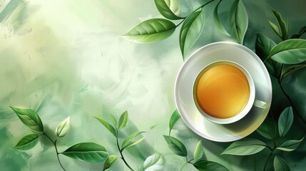 Cup with green tea and green leaves. - obrazy, fototapety, plakaty