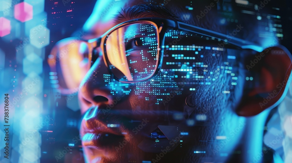 Poster engineer examining ai technology with reflection on eyeglasses