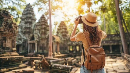 Fototapeta na wymiar female traveler photographing temples
