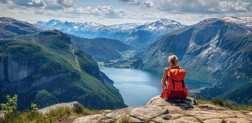 Woman with orange backpack sitting on a ledge and enjoying a scenic, panoramic alpine mountain lake view - obrazy, fototapety, plakaty