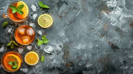 Obraz na płótnie Canvas Iced tea with lemon slices and mint on rustic background