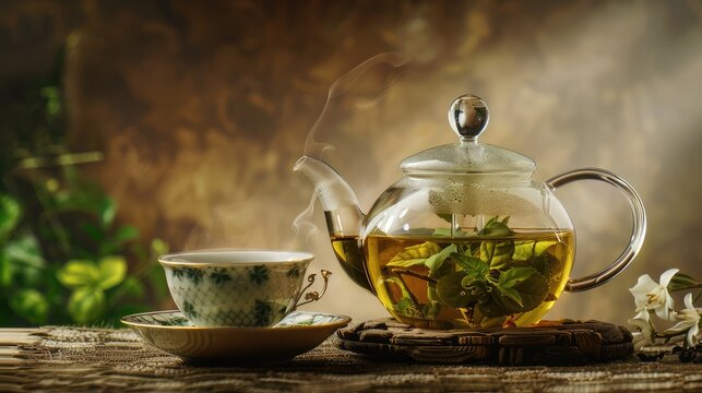 horizontal photo, of the glass teapot flow green tea in cup on brown background, tea ceremony