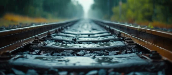Crédence de cuisine en verre imprimé Chemin de fer Railroad tracks fragment in rainy weather, captured in a photo.