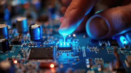 power mans finger is charging passive circuit board with blue energy
