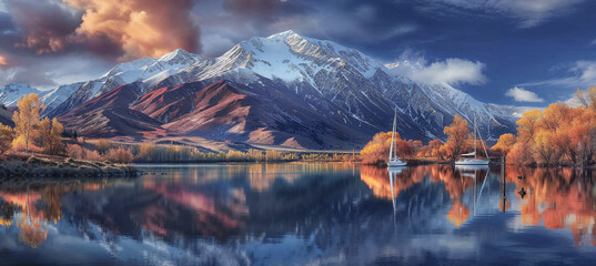 Fototapeta na wymiar Two sailboats on a scenic mountain lake in the fall