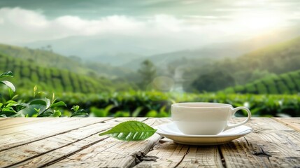 Tea cup with green tea leaf on the wooden table and the tea plantations background - obrazy, fototapety, plakaty