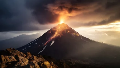 Foto auf Alu-Dibond Volcanic peak with glowing lava around, volcano eruption. Generated with AI © maticsandra