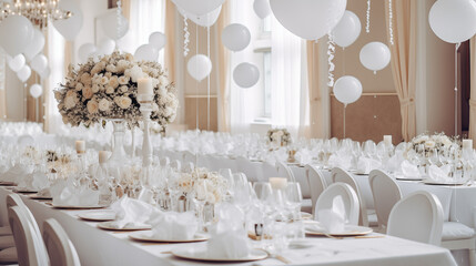 Zastawa stołowa na przyjęciu weselnym lub urodzinach i chrzcinach - dekoracja stołu weselnego w ogrodzie przez florystę i dekoratora. Piękne bukiety kwiatów na stoliku - obrazy, fototapety, plakaty