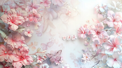 Delicate Floral Arrangement in Soft Pastel Tones with Butterflies, Ideal for Backgrounds, Invitations, and Greeting Cards with Central Blank Space for Text or Element Placement