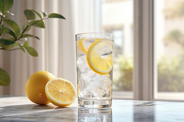 glass of water with lemon - obrazy, fototapety, plakaty