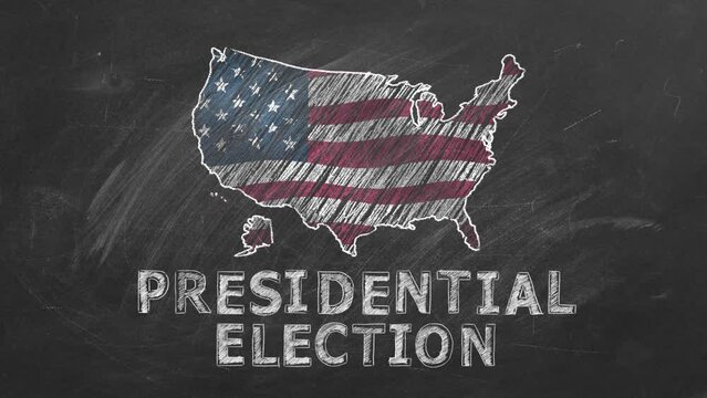 The inscription PRESIDENTIAL ELECTION and map of US in the colors of the American flag is drawn with chalk on a blackboard. US Presidential election 2024. Election Day in United States