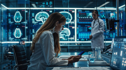 Science Futurism in Modern Healthcare: Female professional at Work in Clinical Lab, with Advanced Technology and Medical Data Holograms, Hightech Environment and Futuristic Tablet Interaction, Human B