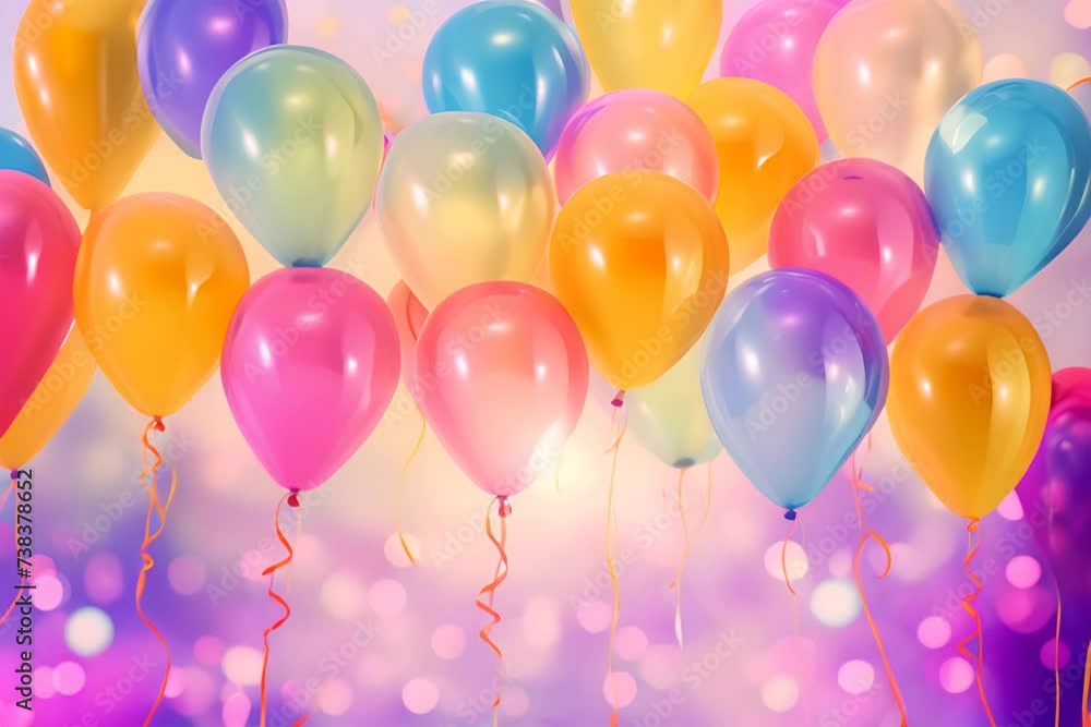 Poster Colorful balloons with curly ribbons floating with a soft bokeh light background.