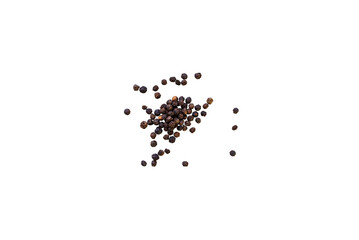 Dried whole seed of black pepper isolated on a transparent background without shadow seen from above, top view, png