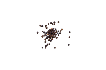 Dried whole seed of black pepper isolated on a transparent background without shadow seen from above, top view, png