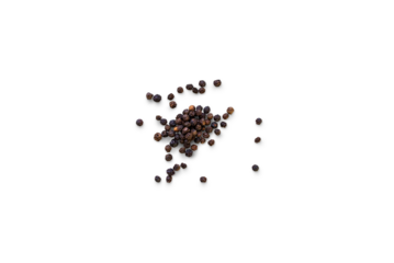 Dried whole seed of black pepper isolated on a transparent background with shadow seen from above, top view, png