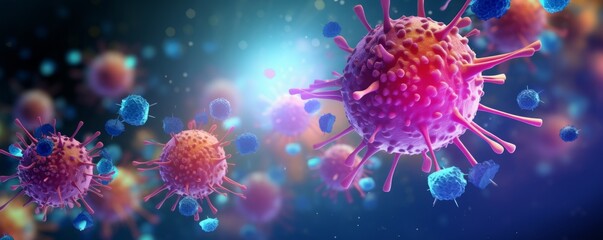A 3D rendering depicts an immune response, with pink and blue corona shapes illustrating the vibrant and complex battle at the microscopic level.