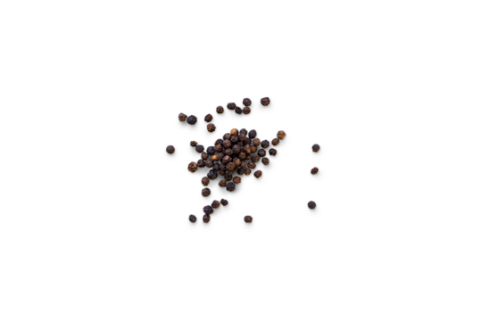 Dried whole seed of black pepper isolated on a transparent background with shadow seen from above, top view, png