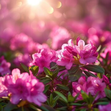 rhododendron bushes with vibrant fuchsia color flowers on a bokeh effect background