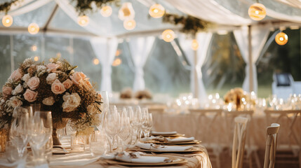 Zastawa stołowa na przyjęciu weselnym lub urodzinach i chrzcinach - dekoracja stołu weselnego w ogrodzie przez florystę i dekoratora. Piękne bukiety kwiatów na stoliku - obrazy, fototapety, plakaty