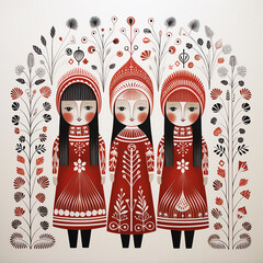 Traditional Norwegian Scandinavian folk art of women in red and white.
