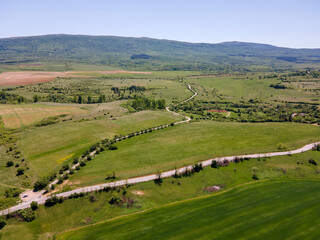 Spring Aerial view of rural land near town of Godech, Bulgaria