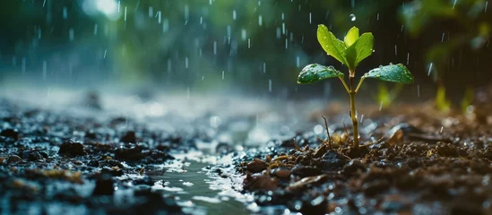 Zelfklevend Fotobehang A rising young fresh plant, resiliently growing amidst heavy rain, symbolizes the arduous struggle for a new life, overcoming obstacles with tenacity. © Sona
