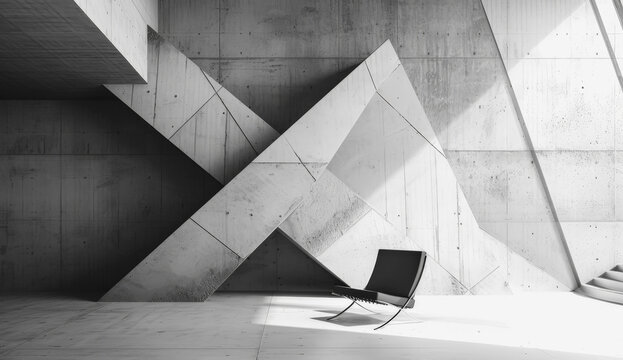 Imagen en blanco y negro de pared de hormig&oacute;n con formas geom&eacute;tricas en interior de edificio moderno, decorado con una silla negra y escalera lateral de acceso