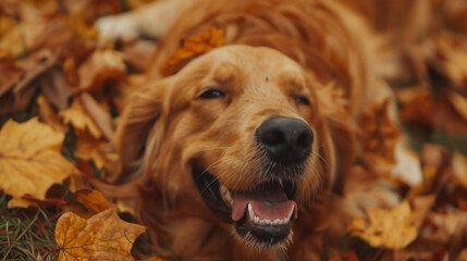 Golden Retriever Relaxing on a Wooden-Colored Autumn Carpet, Happy Dog Surrounded by Fall Leaves in a Scenic Park Environment, Shallow Depth of Field, Doggy Smile with Tongue Out in a Cozy Atmosphere.