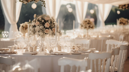 Zastawa stołowa na przyjęciu weselnym - dekoracja stołu weselnego w ogrodzie przez florystę i dekoratora. Piękne bukiety kwiatów na stoliku