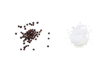 Dried whole seed of black pepper and white coarse sea salt isolated on a transparent background without shadow, seen from above, top view, png - obrazy, fototapety, plakaty