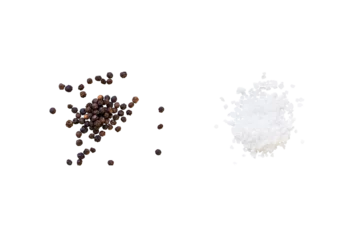 Fototapeten Dried whole seed of black pepper and white coarse sea salt isolated on a transparent background without shadow, seen from above, top view, png © ydumortier
