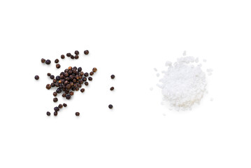 Dried whole seed of black pepper and white coarse sea salt isolated on a transparent background with shadow, seen from above, top view, png
