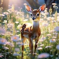 Deer in the woods. A dainty fawn delicately stepping through a field of wildflowers, its coat dappled with sunlight, as it explores the wonders of nature. Generative AI.