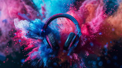 Dynamic Over-Ear Headphones Against Vibrant Backdrop, Colorful Powder Explosion, Artistic...