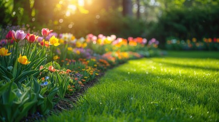Beautiful well-kept spring garden. The green lawn emphasizes the full bloom of flowers in the mixborder. Diverse floral spectrum of tulips, daffodils, hyacinths. - obrazy, fototapety, plakaty
