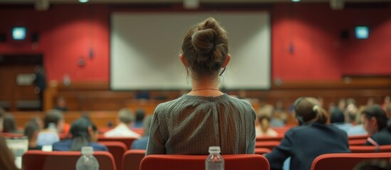 Unidentified participant seen from behind at scientific conference event where a woman is presenting in a university lecture hall. - obrazy, fototapety, plakaty